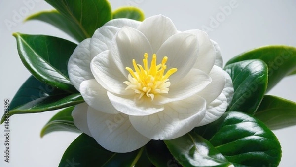Obraz camellia bloom with leaf, isolated