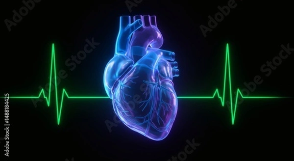 Fototapeta Heart Illustration with Glowing Ekg Signal for Medical and Scientific Use