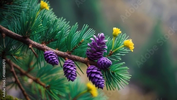Fototapeta Macro close-up of evergreen coniferous trees featuring cedar and pine branches with cones and yellow pollen along a mountain hiking trail