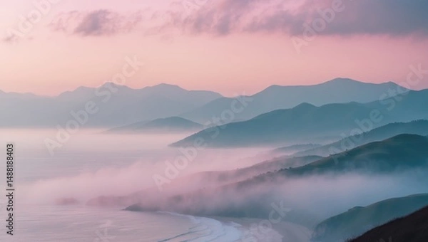 Fototapeta Scenic sunrise view of mountains and coast in pastel shades of pink and rose quartz, with cloudy sky and silhouettes of hills in fog