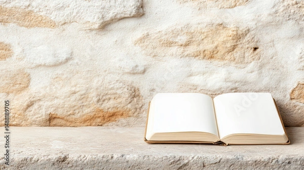 Fototapeta Open sketchbook resting on stone ledge, inviting creativity and inspiration