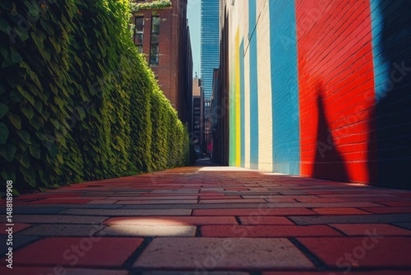 Fototapeta A brick walkway leads into an urban alley with greenery and a colorful mural on a nearby wall.