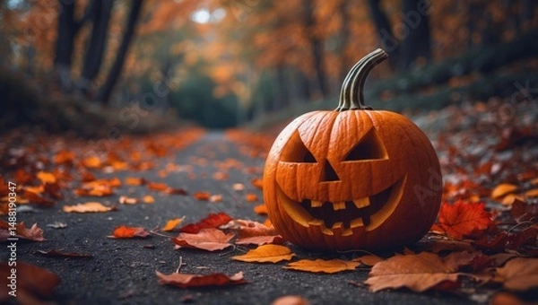 Obraz A festive carved pumpkin amid bright fall leaves on a quiet trail in the woods.