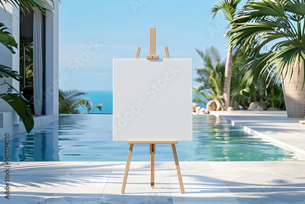 Fototapeta White wooden easel with blank canvas set on a terrace near a serene poolside