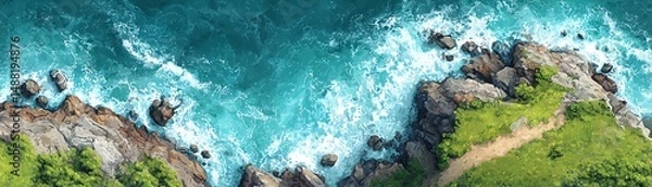 Obraz Aerial view of rocky coastline with turquoise waves and lush greenery.