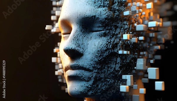 Fototapeta Artistic Digital Visualization of a Dissolving Human Face Made of 3D Cubes – AI and Deep Learning