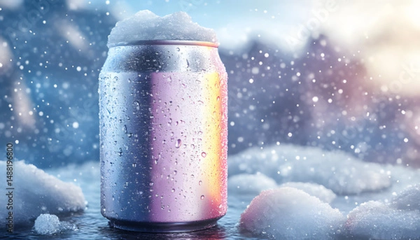 Fototapeta Cold Colorful Metallic Soda Can with Snow, Ice, and Condensation Drops – Fresh Drink Mockup