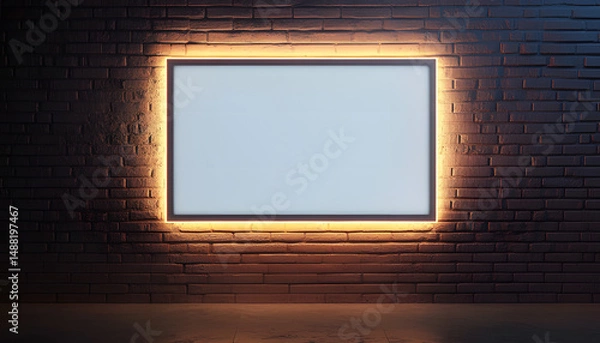 Fototapeta Empty Illuminated Frame Mounted on Brick Wall