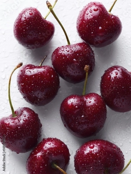 Obraz Fresh, vibrant cherries with water droplets, arranged on a clean white surface
