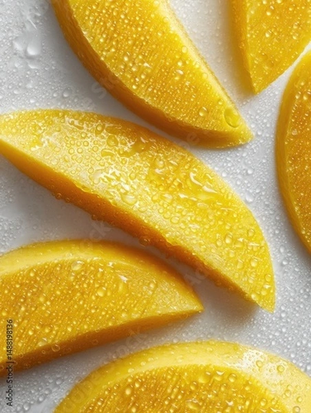 Obraz Fresh, vibrant mango slices with water droplets, arranged on a clean white surface