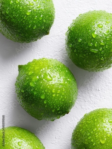 Obraz Fresh, vibrant limes with water droplets, arranged on a clean white surface