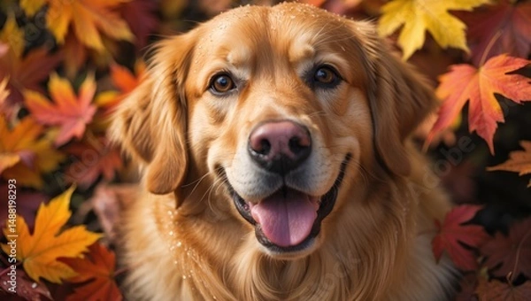 Fototapeta Golden Retriever Dog Beaming at Camera Surrounded by Leaves