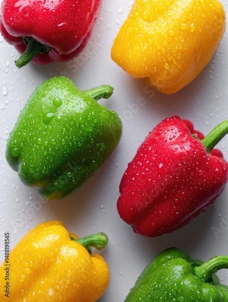Obraz Fresh, vibrant bell peppers with water droplets, arranged on a clean white surface