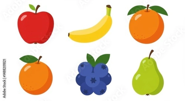 Fototapeta Colorful collection of fresh fruits isolated on white background with simple illustrations