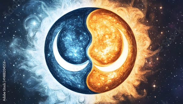Fototapeta Radiant Sun and Crescent Moon in a Yin Yang Design Surrounded by Cosmic Stars and Galaxies, Symbolizing Day and Night Balance