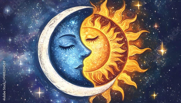 Fototapeta Celestial Yin Yang Symbol with Radiant Sun and Crescent Moon Surrounded by Spiraling Stars and Galaxies Representing Light and Dark Balance