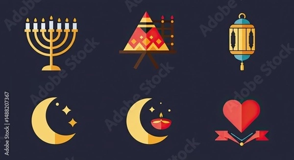 Fototapeta Colorful flat design illustrations of diverse religious and cultural symbols on dark background