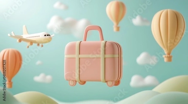 Fototapeta A pink suitcase floating with hot air balloons and an airplane in a whimsical sky