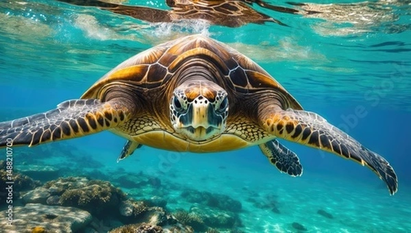 Fototapeta Incredible view of a leatherback sea turtle gliding underwater.