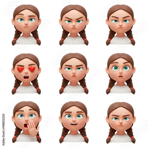 Fototapeta Cartoon girl character sheet with diverse expressions
