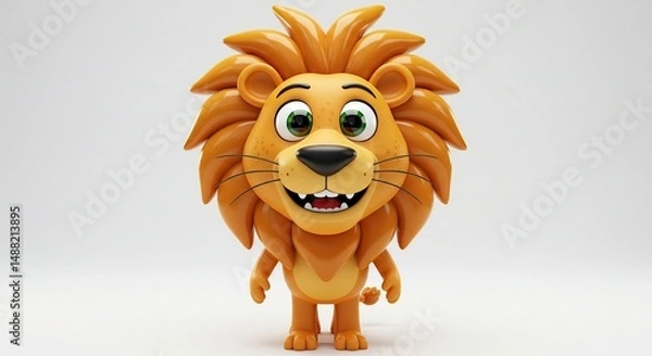 Fototapeta Cute Cartoon Lion Standing with Happy Expression and Big Eyes