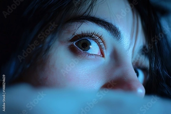 Fototapeta Close up of a woman's face with wide eyes in the dark illuminated by blue light from below her chin