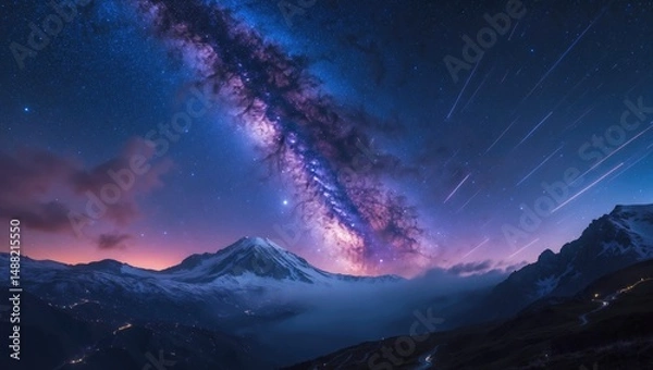 Fototapeta Grainy long-exposure nightscape of the Milky Way galaxy above the mountain