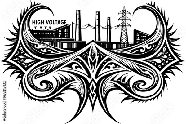 Fototapeta SVG illustrating electrical safety and energy protection. Artistic Black and White Design with High Voltage Power Elements