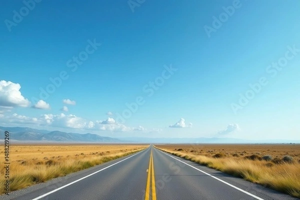 Fototapeta Empty cycling lane stretches towards distant horizon under clear sky , escape, stretch