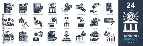 Obraz Banking Service Icons set vector illustration. Containing digital wallet, credit score, banking system, transaction, wealth management and more. Simple glyph icons collection.