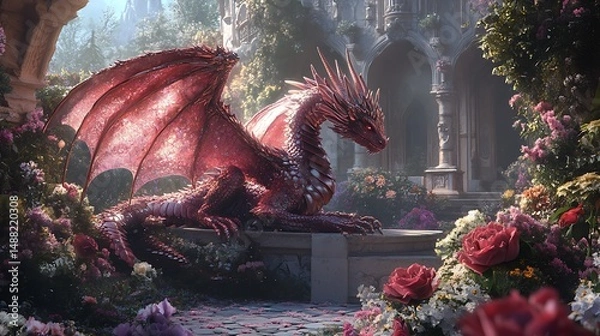 Obraz Towering castle beneath soaring phoenix and red dragon high resolution picture