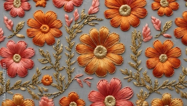 Obraz Vibrant embroidery featuring colorful flowers and intricate leaf designs on a textured background