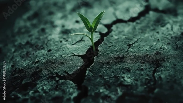 Obraz Resilience: A Tiny Sprout Emerging from Crackled Earth