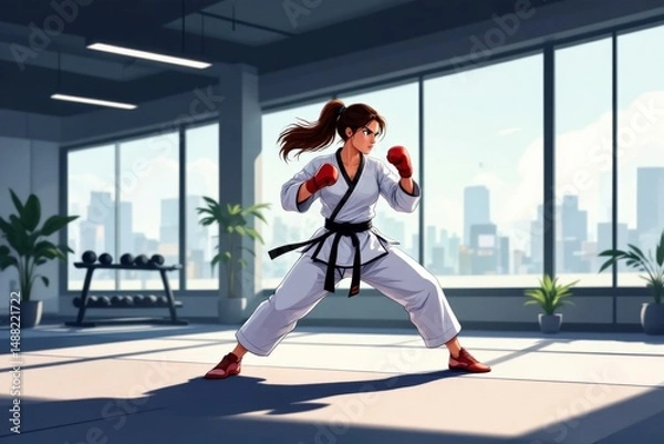 Obraz Person practicing karate in dynamic pose, wearing white kimono with black belt, red boxing gloves. Concept of person practicing karate in modern gym, sport environment.
