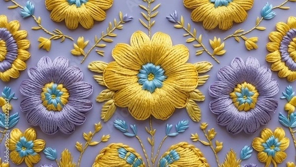 Obraz Vibrant floral embroidery design featuring yellow and purple flowers on a soft lavender background