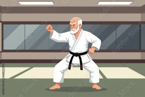 Obraz Person practicing karate in gym wearing white kimono, black belt, serious expression. Concept of person practicing karate emphasizes sport and discipline in modern setting.