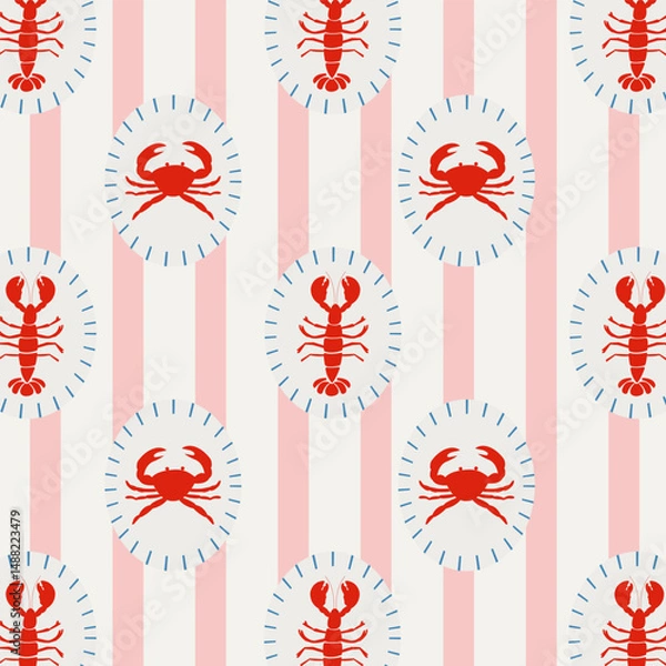Fototapeta Vintage Mediterranean  seamless pattern with crabs and lobsters in circular frames on Stripes. Coastal summer marine print for fabric, wrapping paper, and beach decor.