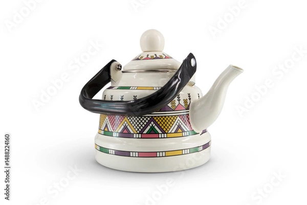 Fototapeta Vintage metal old kettle with patterns isolated on white background