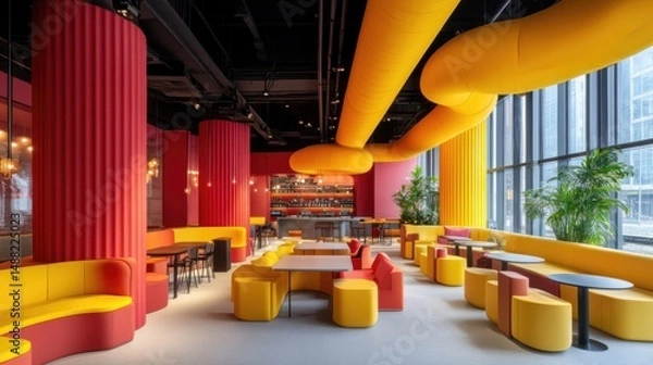 Obraz Vibrant Yellow and Red Lounge Interior Design