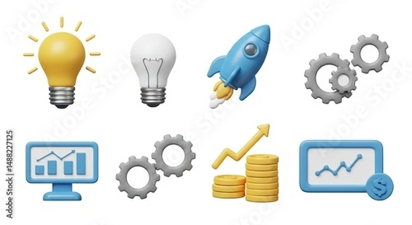 Fototapeta 3D Business and Startup Icon Set – Innovation, Growth, and Finance