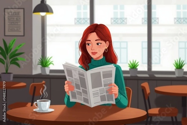 Obraz Person reading newspaper, leisure at cozy cafe, long wavy red hair, green turtleneck, warm expression, cup of coffee. Concept of person reading newspaper in inviting atmosphere.