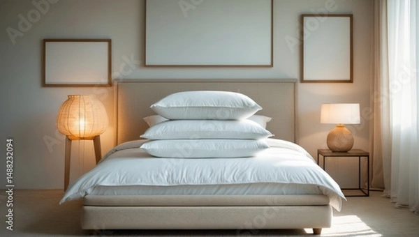 Fototapeta Bed adorned with gently folded duvet and pillows