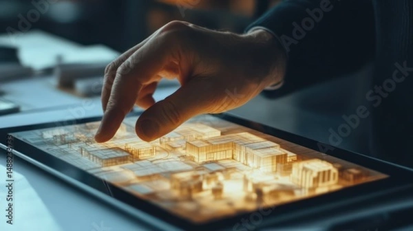 Fototapeta Male architect with glasses adjusts pen while reviewing building designs on a tablet screen.