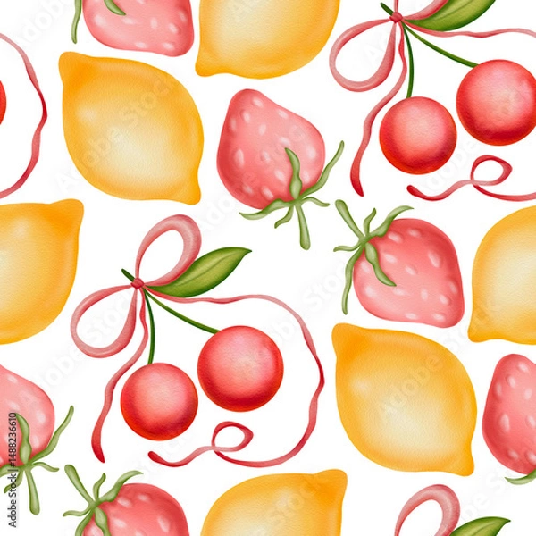 Fototapeta Seamless pattern with fruit mix with cherries, lemons, strawberries. Summer watercolor background with cherries, lemons, strawberries for kitchenware, packaging, children's products, wedding greetings