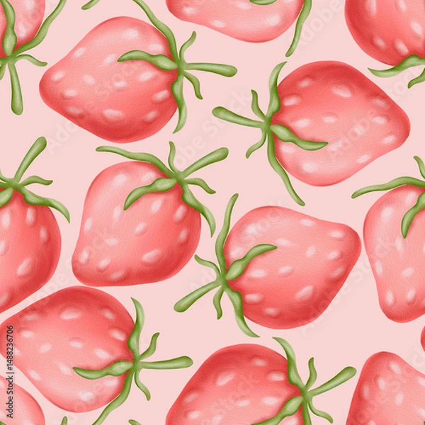 Fototapeta Seamless pattern of strawberries on pink background. Watercolor strawberries for Valentine's Day, girly items, women's stationery, wedding, wrapping.