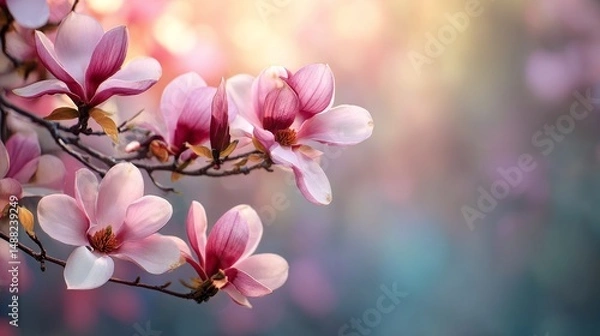 Fototapeta Mysterious fairy tale spring floral wide panoramic banner with fabulous blooming pink magnolias flower summer garden on blurred sunny bright shiny glowing background and copy space