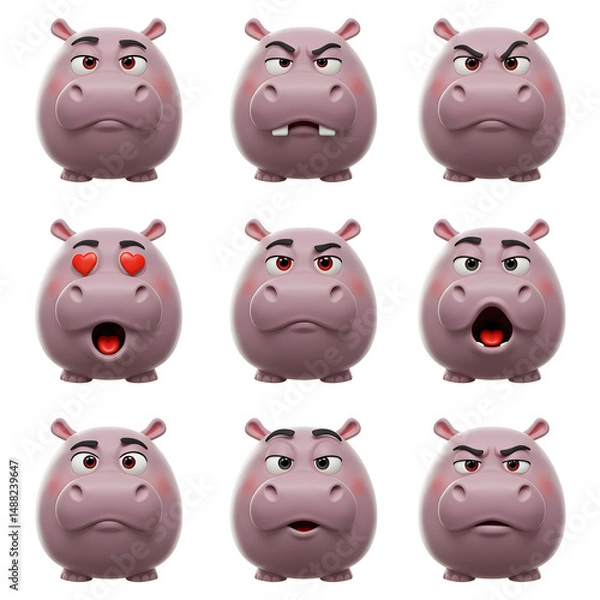 Fototapeta Cartoon hippopotamus faces with expressions isolated on transparent background
