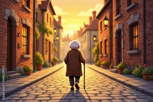 Obraz Elderly person with walking stick, mobility, walking down cobblestone street at sunset, brown coat. Concept of person with walking stick, warmth, nostalgia, urban scenery.