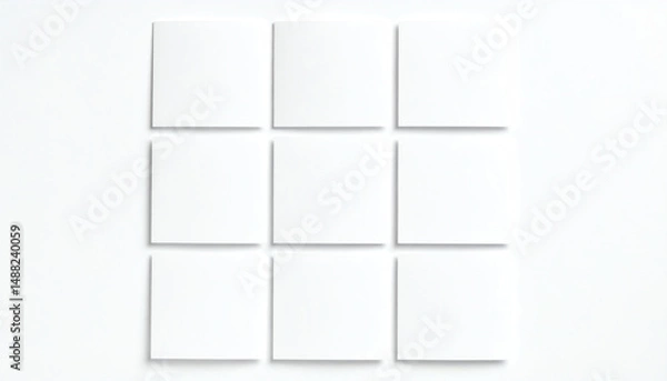 Fototapeta Nine blank squares arranged in a grid on a white background, creating a minimalistic and clean aesthetic, suitable for various creative projects