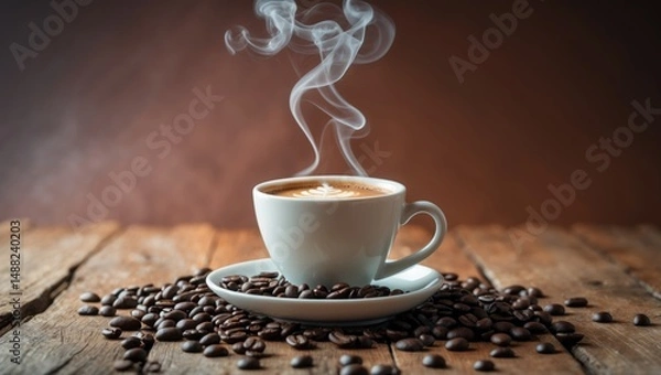 Fototapeta Mug of steaming fragrant coffee with roasted beans on a wooden surface set against a brown backdrop